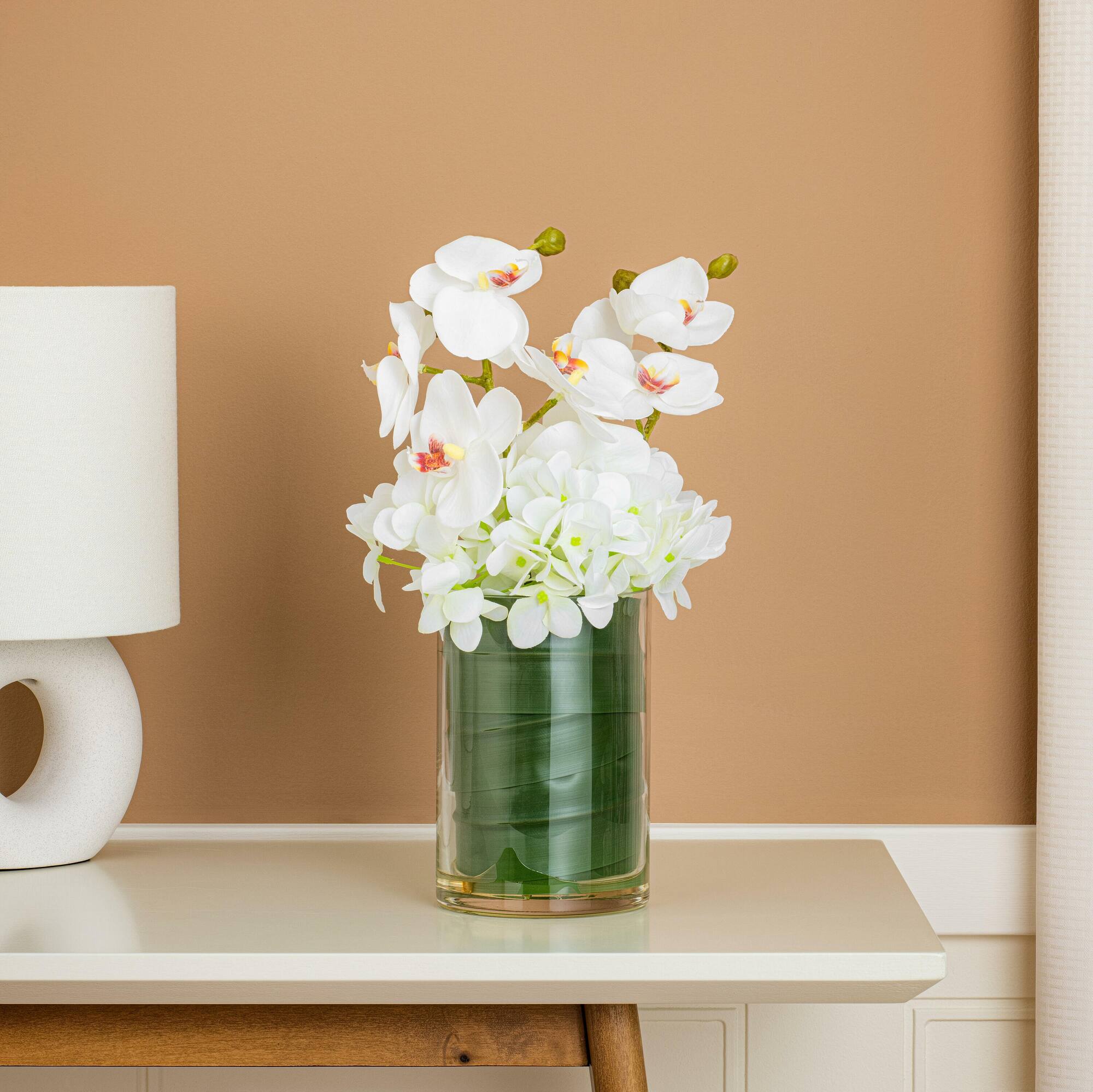 11" White Orchid Arrangement In Glass Pot
